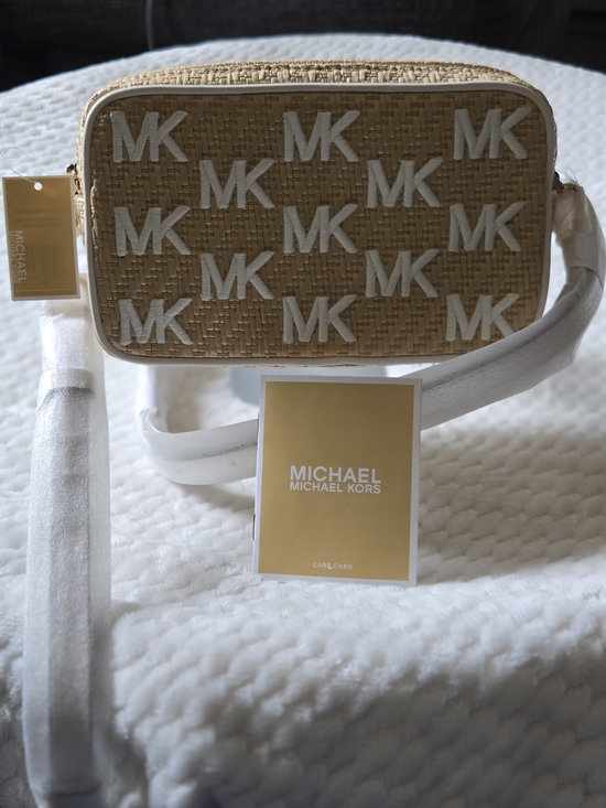 Michael Kors Handbags - NWT Michael Kors Natural Straw MK Logo Crossbody with White Trim